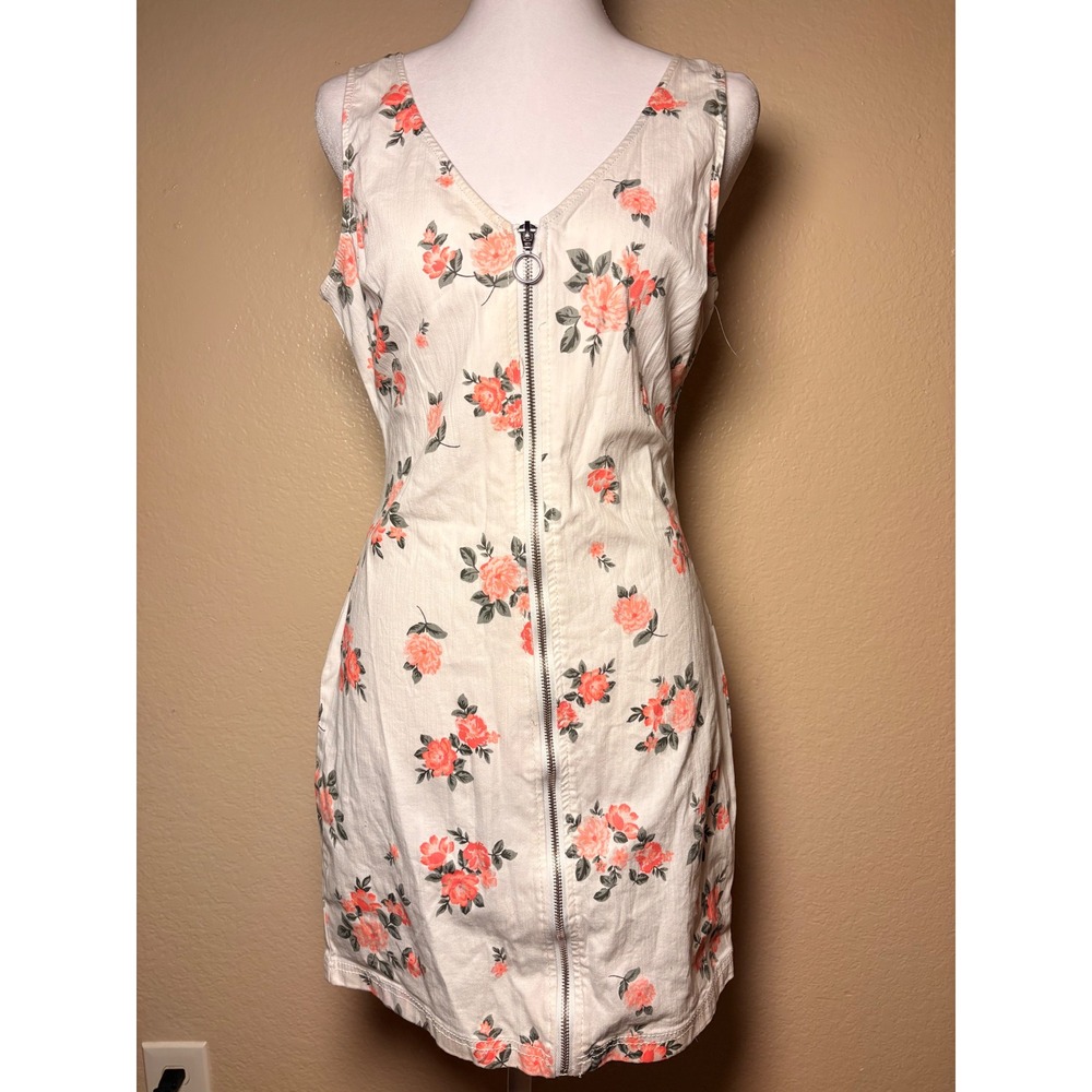 Y2K No Boundaries Floral Zip Front Denim Mini Dress Peach Pink Cream Size M